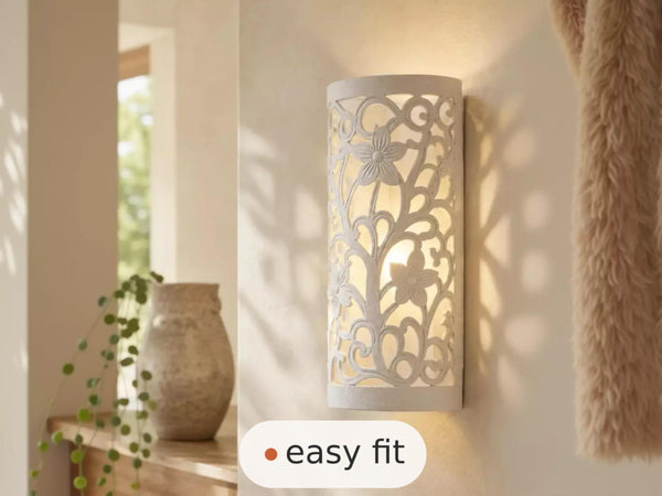 Wall Light | Bloom Floral Farmhouse Plaster Wall Sconce | Botanical Uplighter | Paintable | LED Included | Easy Fit | Handmade UK