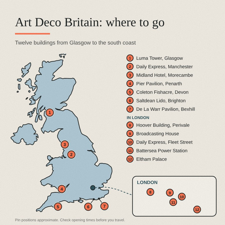 Map of Britain with twelve numbered pins marking Art Deco buildings to visit, with a London inset and a key