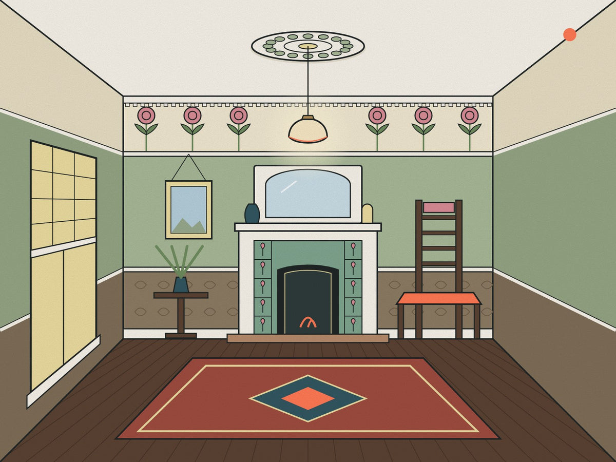 Flare illustration of a 1900s Edwardian room with a stencilled rose frieze, picture rail, dado, tiled fireplace and a high-backed Arts and Crafts chair