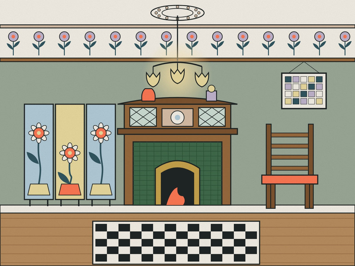 Flare illustration of a 1910s room with an oak fireplace, green tiles, a stencilled frieze, tulip-shade lights and a painted screen