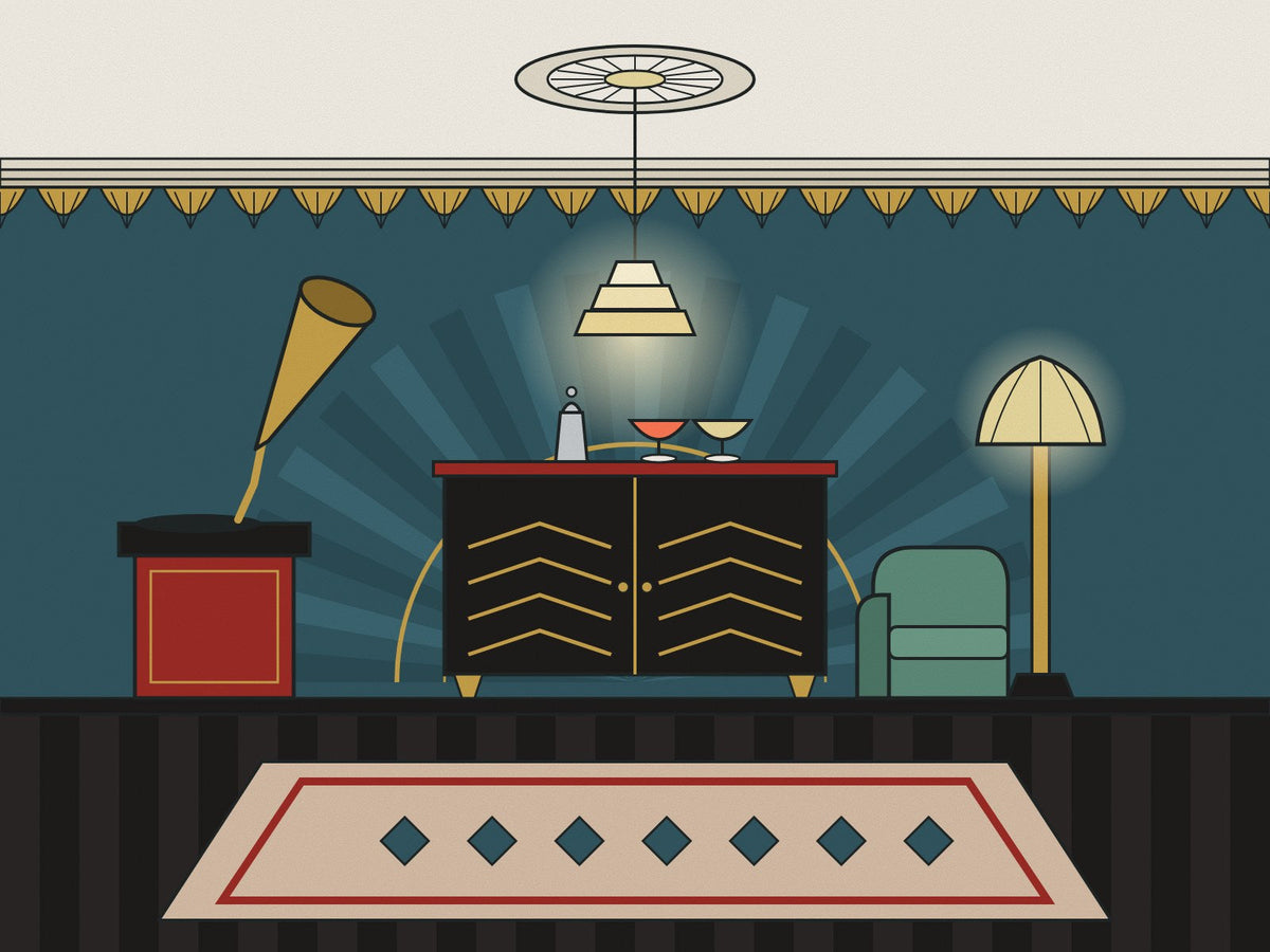 Flare illustration of a 1920s Art Deco room with a black lacquer cocktail cabinet, a gramophone, a sunburst mural and a fan frieze