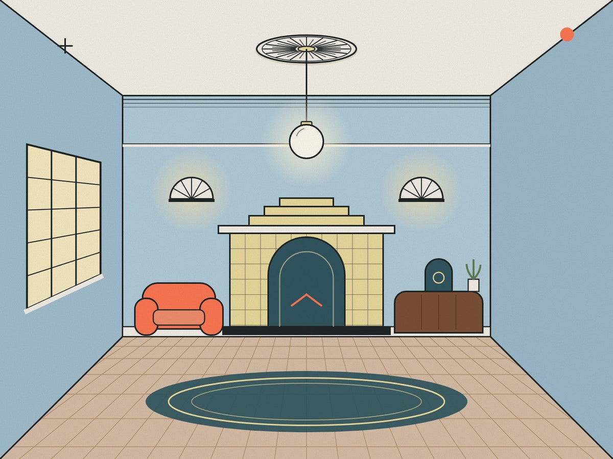 Flare illustration of a 1930s living room with a sunburst ceiling rose, globe pendant, stepped tiled fireplace and fan wall lights