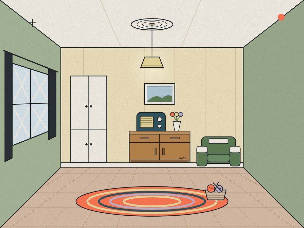 Flare illustration of a 1940s British room with taped windows, blackout curtains, a fitted cupboard, a Utility oak sideboard with a wireless and a green armchair