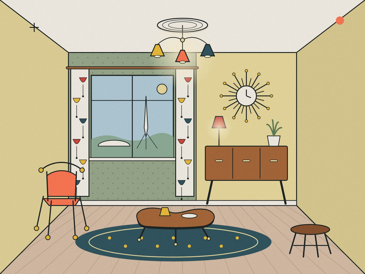 Flare illustration of a 1950s Contemporary living room with a three-cone pendant, a teak sideboard on splayed legs, a starburst clock, a kidney table and a view of the Skylon