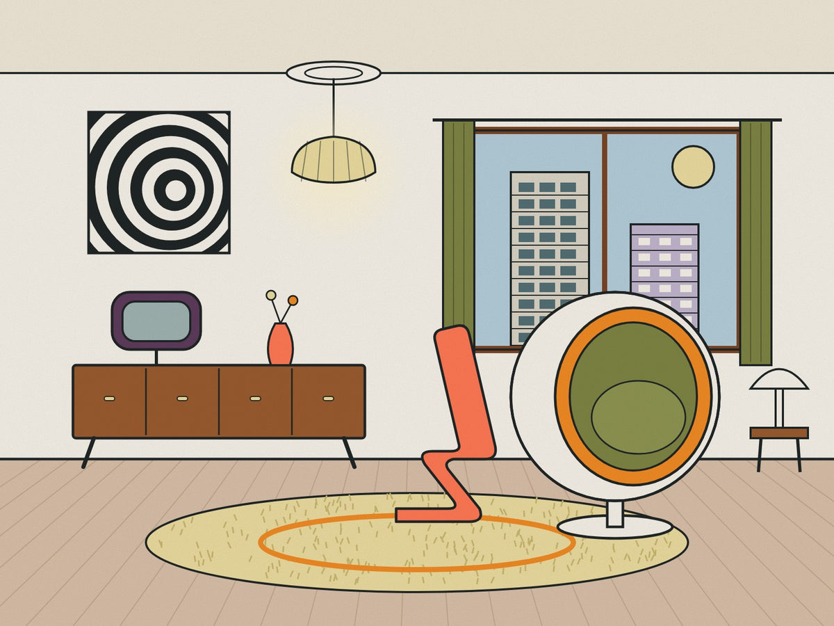Flare illustration of a 1960s living room with an op art panel, a teak sideboard, a swivel television, an orange Ball chair and tower blocks outside the window
