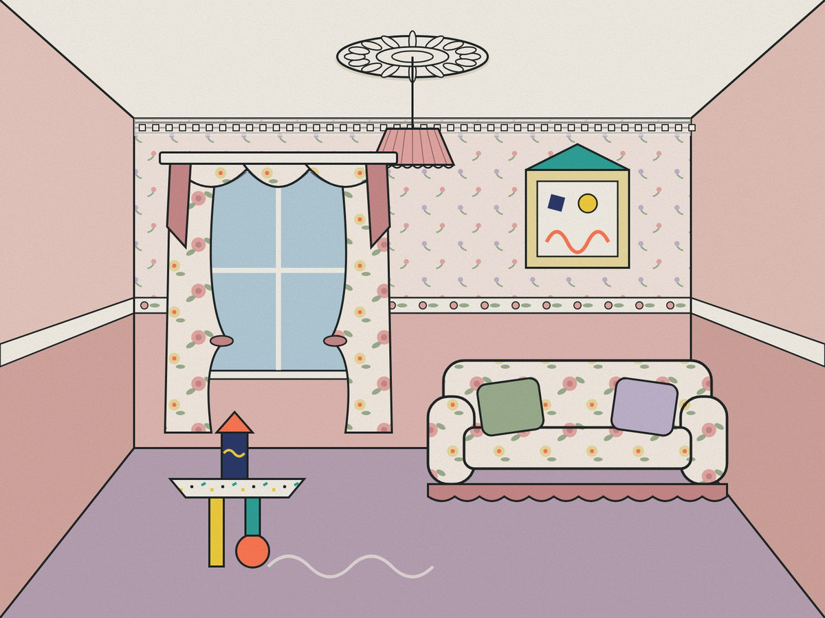 Flare illustration of a 1980s room with chintz swags and tails, a floral sofa, a wallpaper border, a restored ceiling rose and a Memphis-style side table