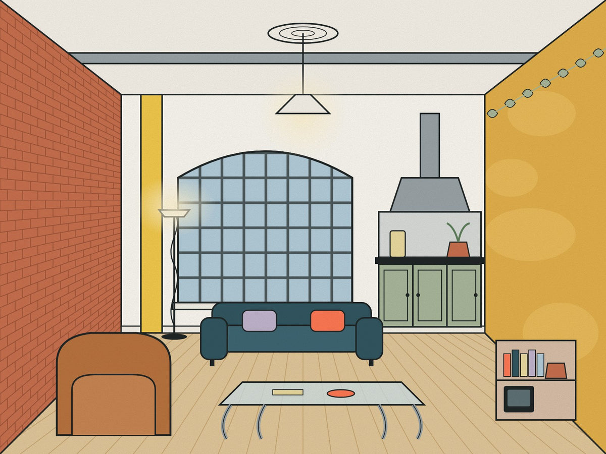 Flare illustration of a 1990s warehouse loft with an arched steel window, exposed brick, an ochre colourwashed wall, a Shaker-style kitchen and a navy sofa