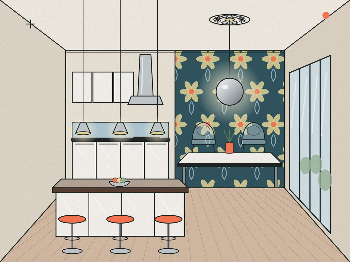 Flare illustration of a 2000s open-plan kitchen-diner with a gloss white island, coral bar stools, a chrome hood, a statement wallpaper feature wall, clear dining chairs and a mirrored pendant under a plaster ceiling rose