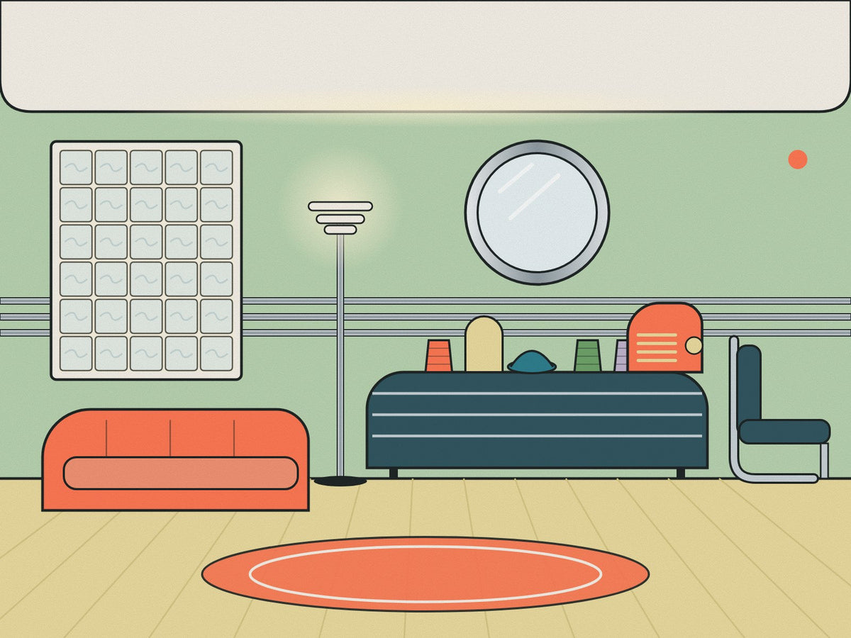 Flare illustration of a Streamline Moderne room with glass block, a porthole mirror, speed lines and a chrome chair
