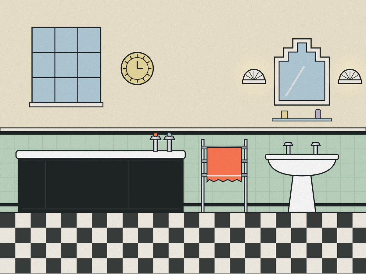 Flare illustration of a 1930s bathroom with mint-green tiles, a black dado band, a black bath panel, chrome taps and a chequered floor