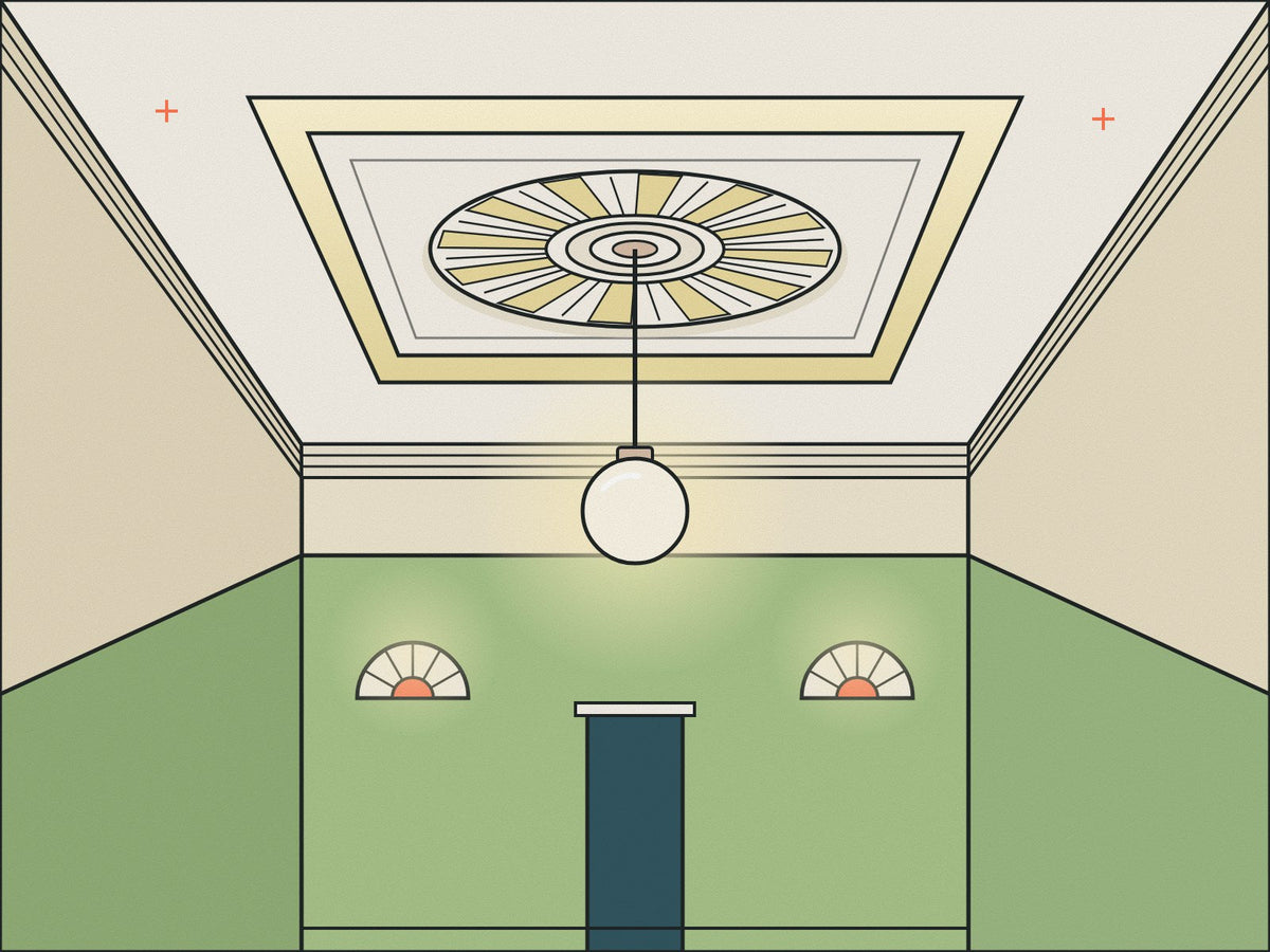 Flare illustration of a 1930s room seen from below: a sunburst ceiling rose and opal globe pendant inside a recessed, softly lit ceiling panel with a stepped cornice
