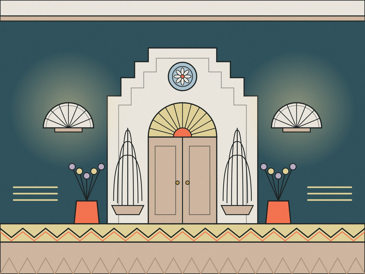 Flare illustration of an Art Deco doorway with a stepped ziggurat surround, a sunburst fanlight, a roundel, fan wall lights, fountain panels and a chevron frieze