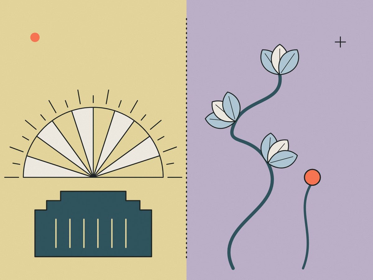 Flare illustration contrasting an Art Deco fan with Art Nouveau whiplash stems
