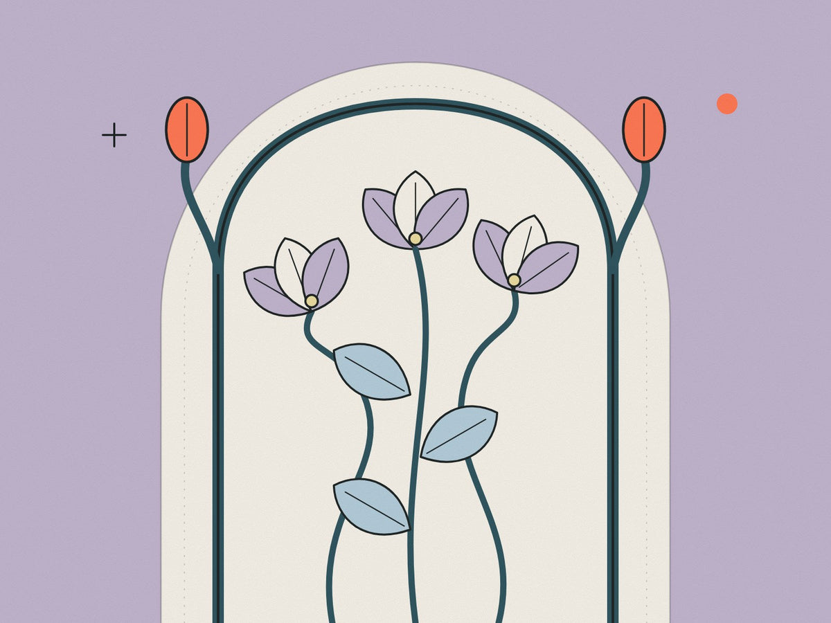 Flare illustration of Art Nouveau lilies with whiplash stems under a curving arch