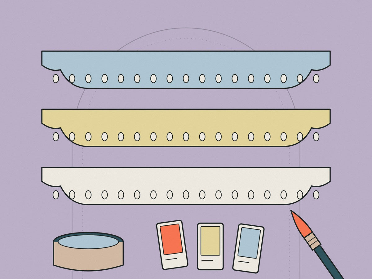 Flare illustration of cornice painted in three colours with a paint pot, brush and swatches