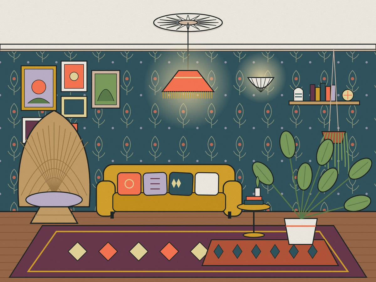 Flare illustration of a boho maximalist living room with patterned wallpaper, a peacock chair, a fringed pendant under a ceiling rose, layered rugs and plants