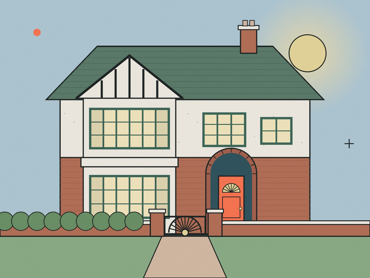 Flare illustration of a 1930s British semi with a curved bay, mock-Tudor gable, arched porch and a rising-sun gate