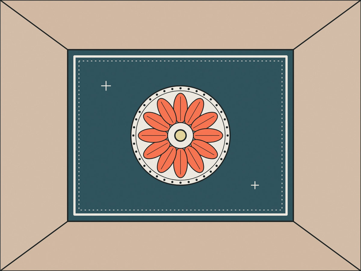 Flare illustration looking up at a painted ceiling with a coral ceiling rose
