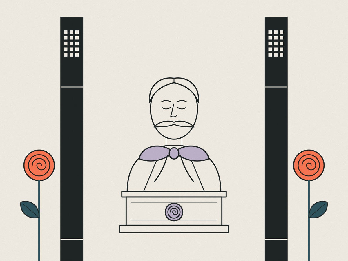Flare illustration of a plaster bust of Charles Rennie Mackintosh with Glasgow roses