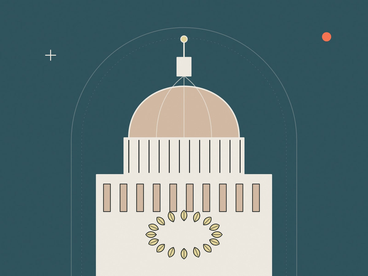 Flare illustration of a great dome above a colonnade with a plaster leaf wreath