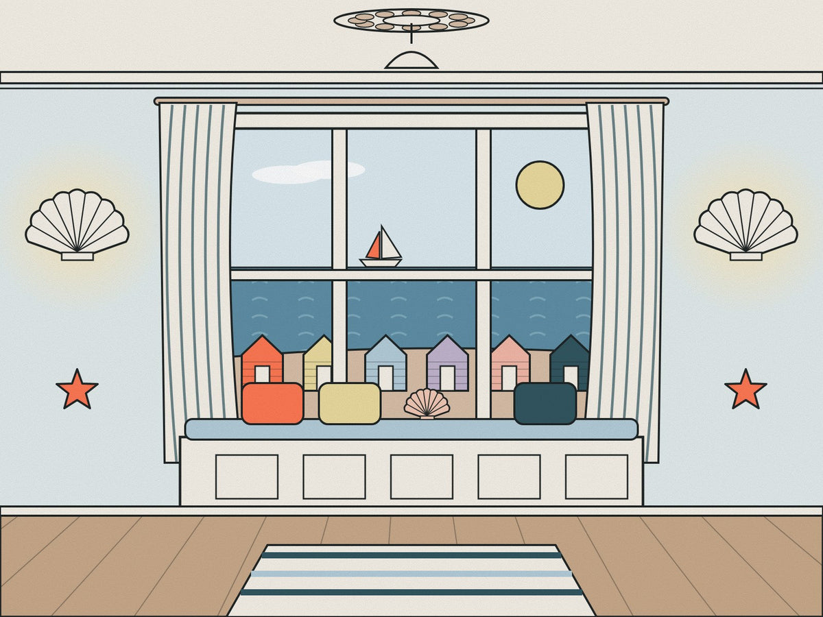 Flare illustration of a coastal room: a sash bay window with a window seat and cushions looking out to the sea and a row of beach huts, scallop shell wall lights either side and a ceiling rose above
