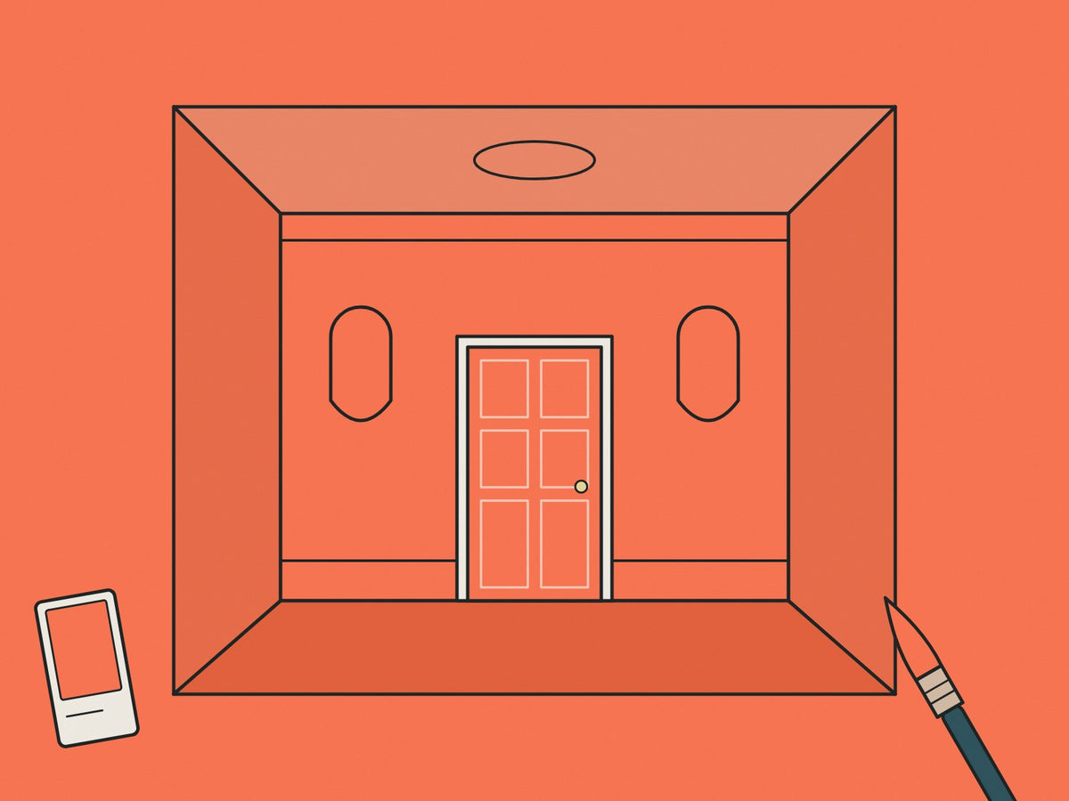 Flare illustration of a room painted in one coral colour, walls, ceiling and door