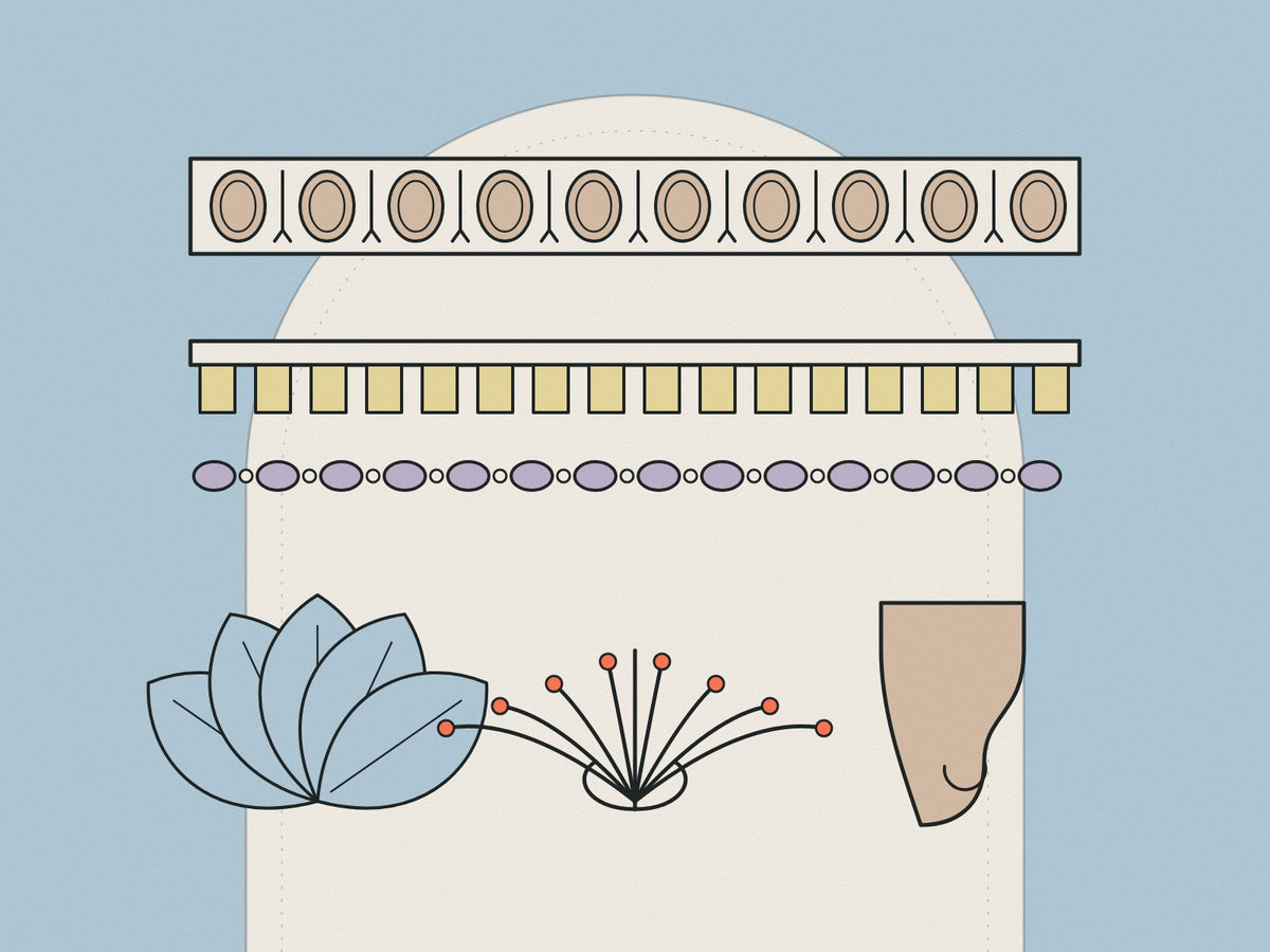 Flare illustration of egg and dart, dentil, bead and reel, acanthus and anthemion mouldings