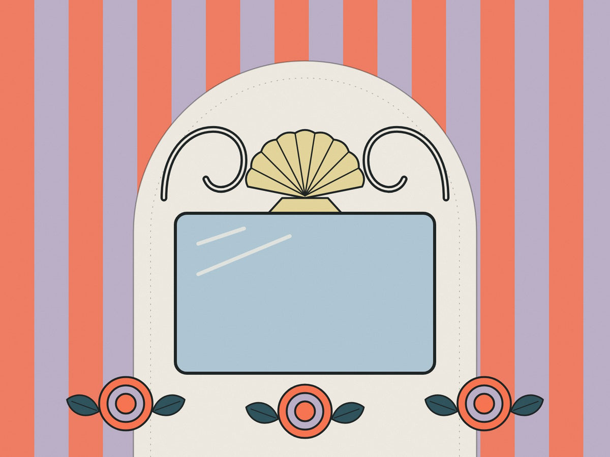 Flare illustration of a scrolled mirror, shell crest, cabbage roses and bold stripes
