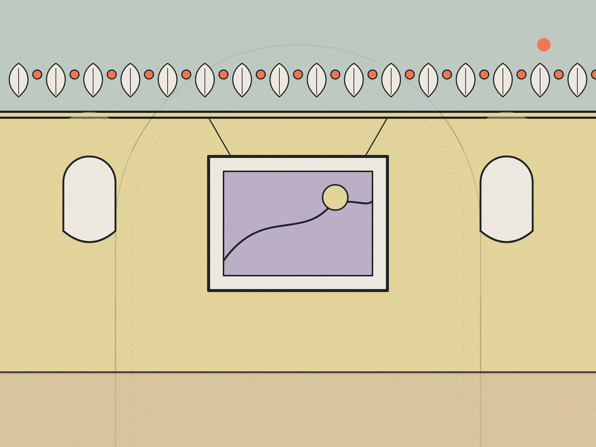 Flare illustration of a picture rail, painted frieze, framed print and wall lights
