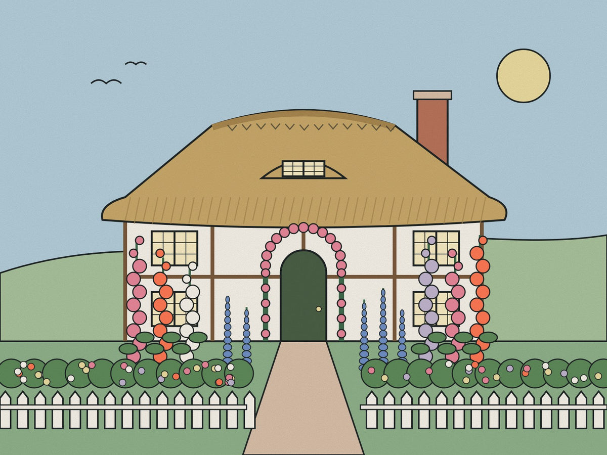 Flare illustration of a thatched English cottage with a rose arch over the door, hollyhocks, delphiniums and a white picket fence