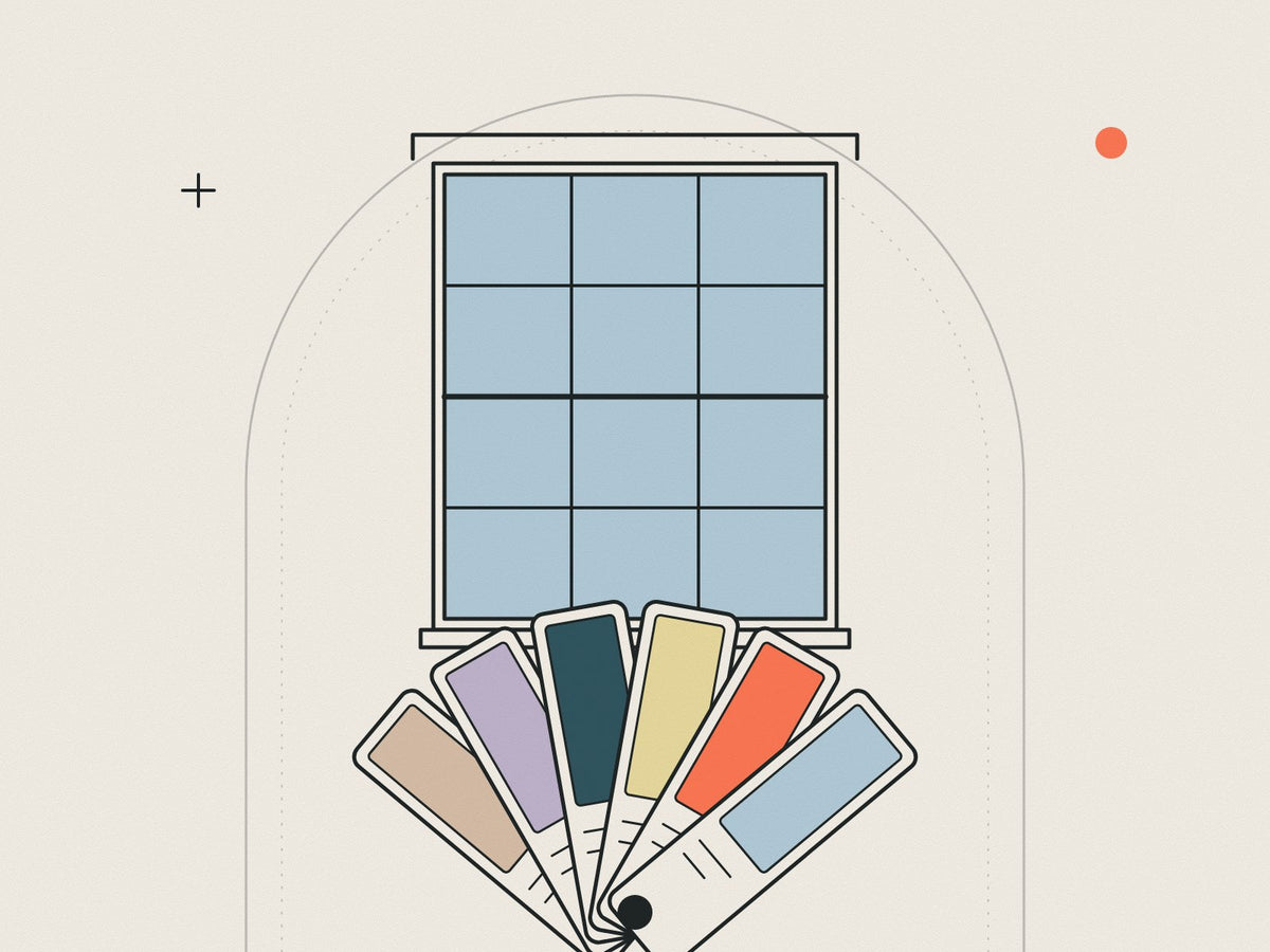 Flare illustration of heritage paint swatches fanned beneath a Georgian sash window
