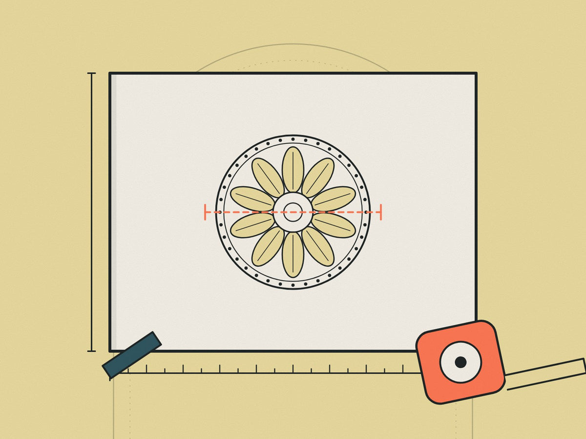 Flare illustration of a room plan with a measured ceiling rose and tape measure