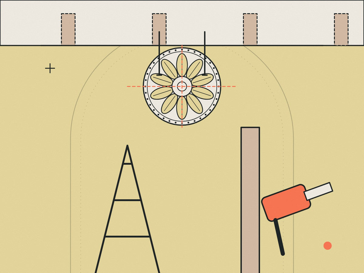 Flare illustration of a ceiling rose marked at the centre with a ladder and prop