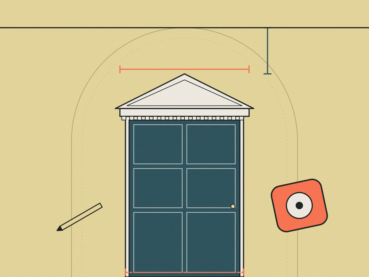 Flare illustration of a panelled door with an overdoor pediment and measuring lines