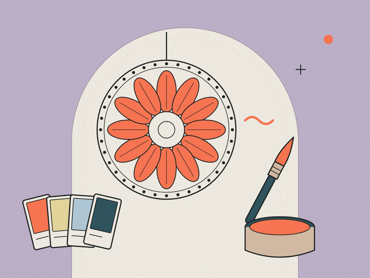 Flare illustration of a ceiling rose with paintbrush, paint pot and colour swatches