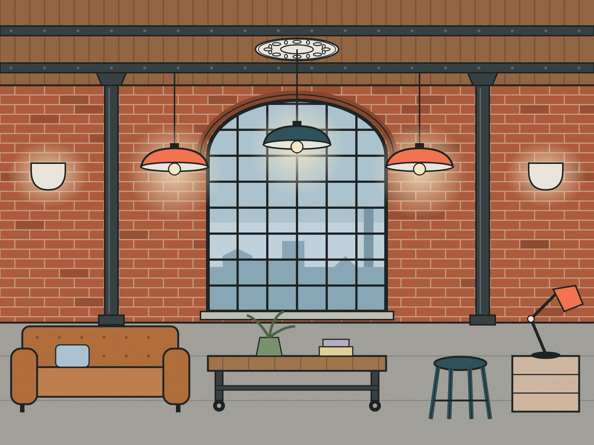 Flare illustration of an industrial loft with exposed brick, cast-iron columns, a steel-framed arched window, enamel pendants and a plaster ceiling rose on a timber ceiling