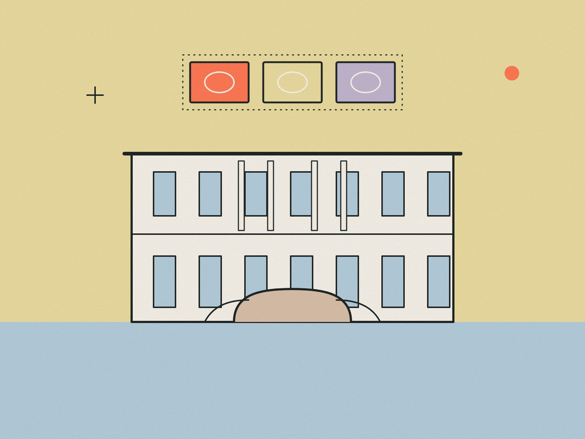 Flare illustration of a white classical house with a curved double stair and painted ceiling panels