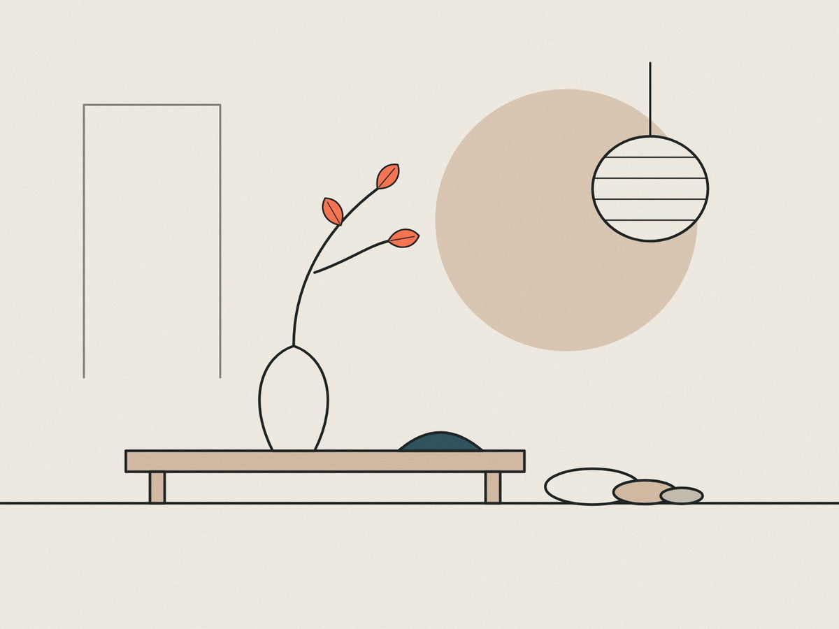 Flare illustration of a low bench, vase with branch, stones and a paper lamp