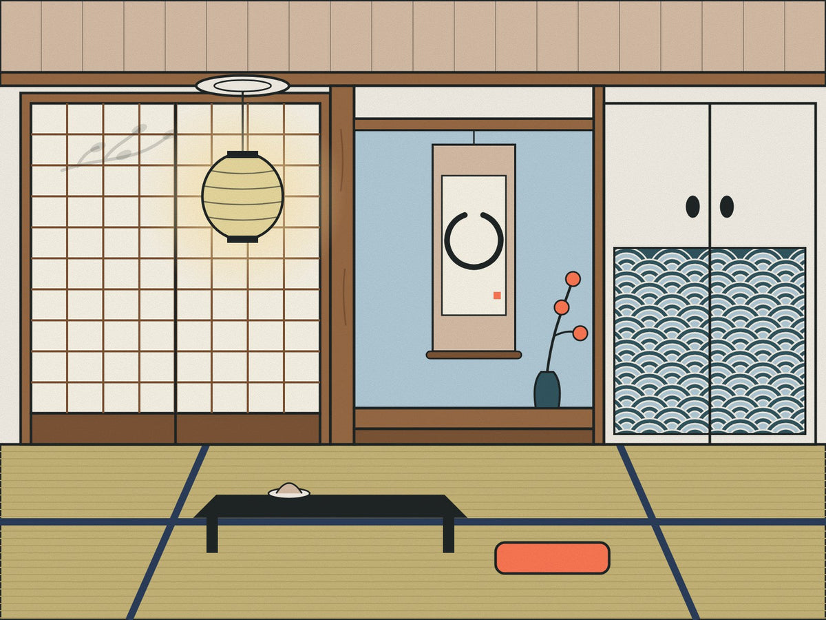 Flare illustration of a Japanese room with shoji screens, a paper lantern, a tokonoma alcove with a hanging scroll, seigaiha wave sliding doors and tatami mats