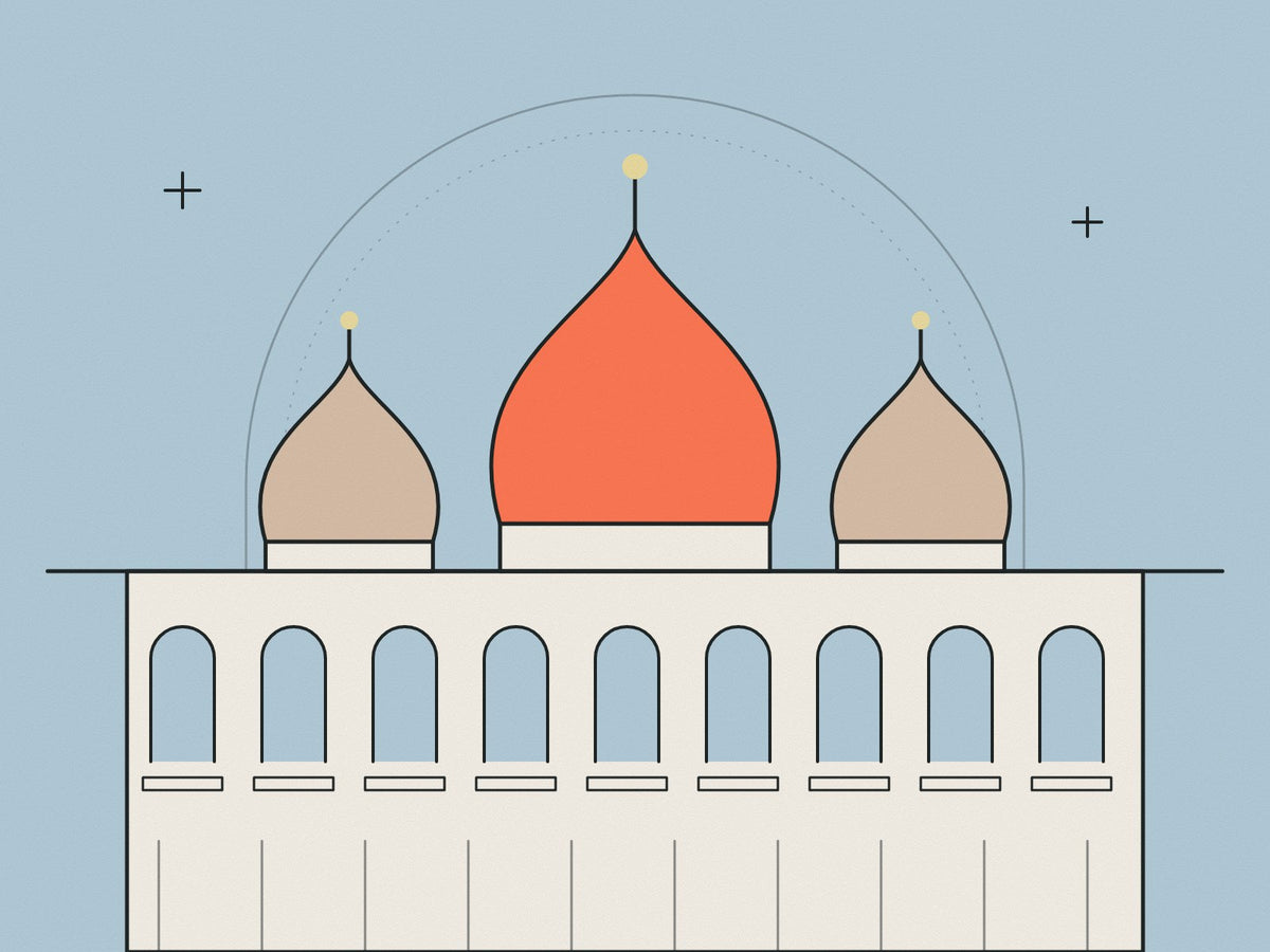 Flare illustration of onion domes above a white stucco Regency terrace