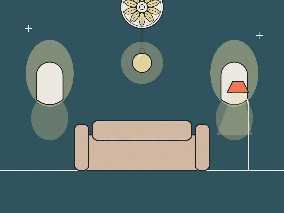 Flare illustration of a living room lit by a pendant, wall lights and a floor lamp