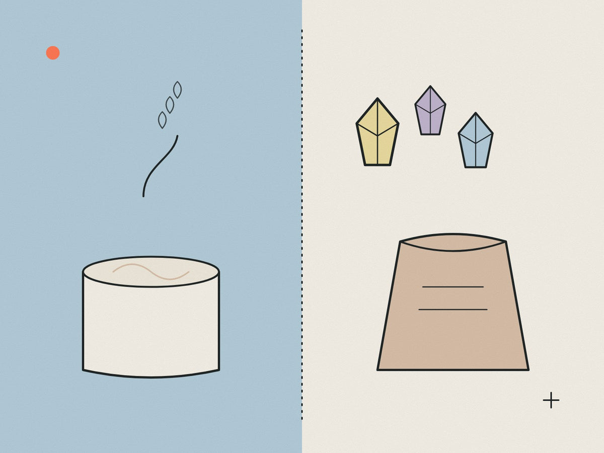 Flare illustration of a lime putty tub beside a gypsum sack and crystals