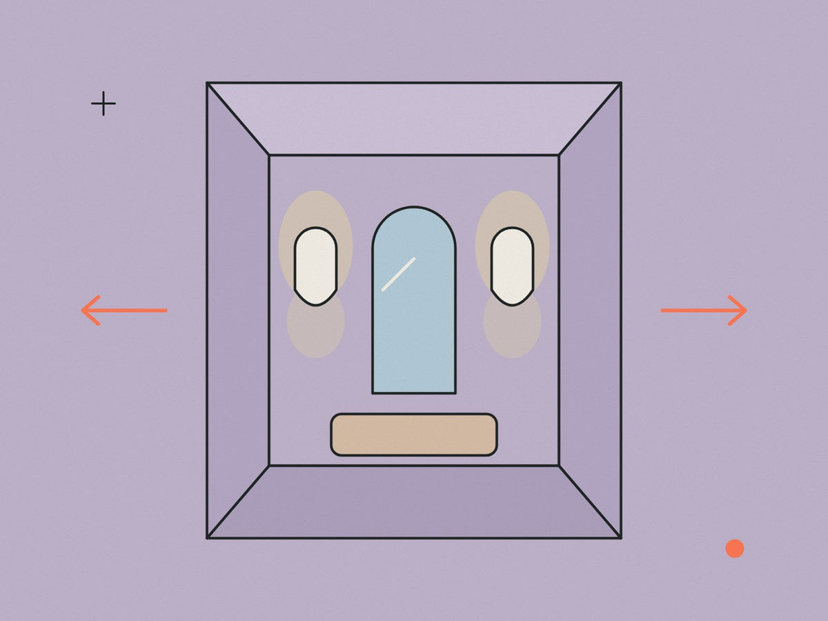 Flare illustration of a small room with an arched mirror, wall lights and arrows pointing outwards