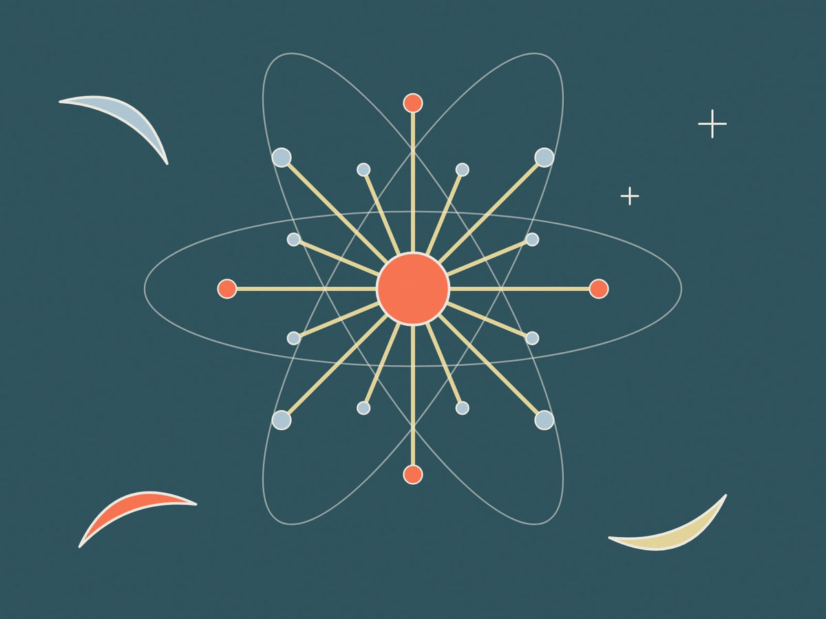 Flare illustration of a mid-century atomic starburst with orbits and boomerang shapes