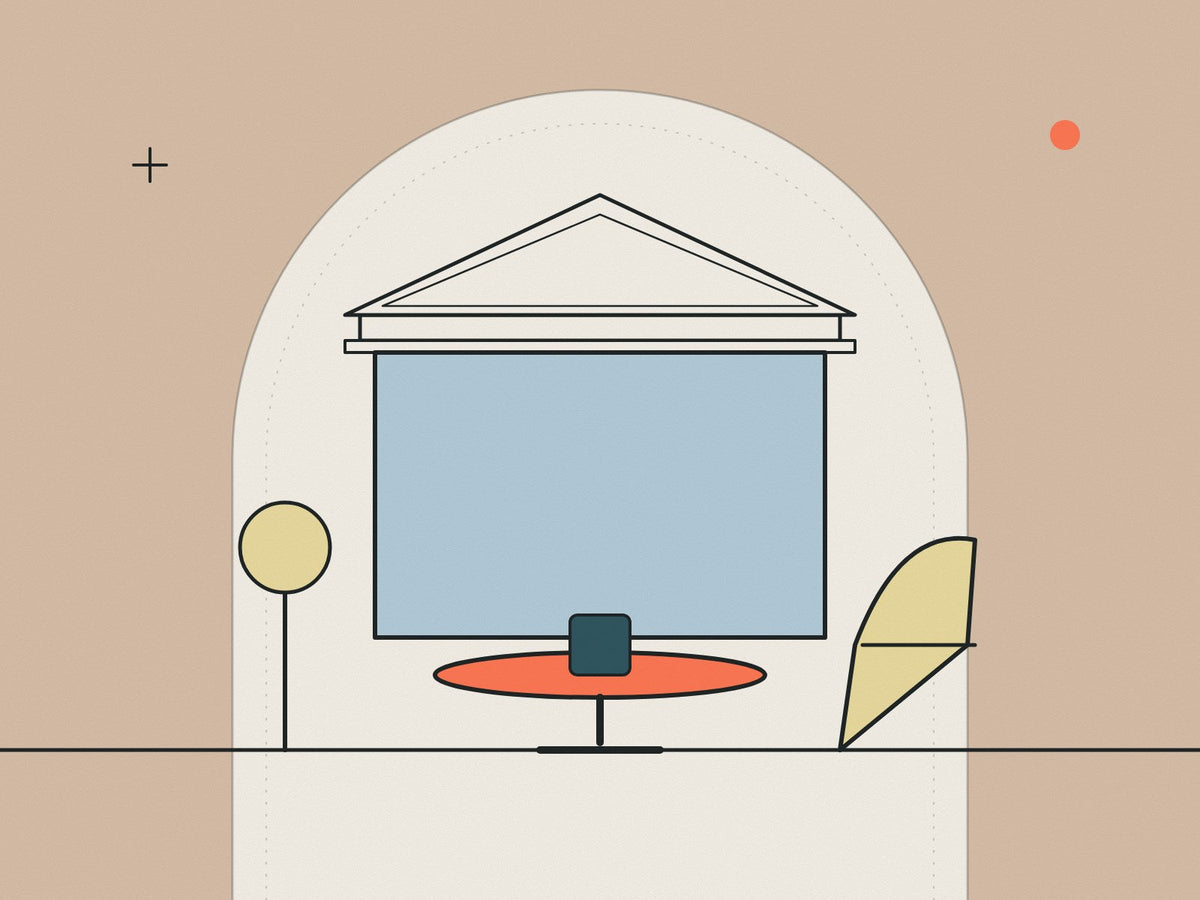 Flare illustration of a classical pediment above modern furniture