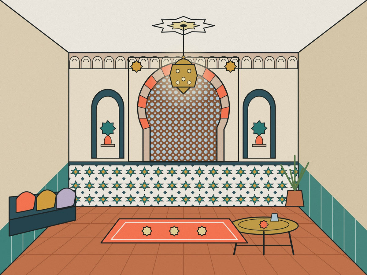 Flare illustration of a Moorish-style room with a horseshoe arch, lattice window, star-pattern tiled dado, brass lantern and an eight-pointed star ceiling rose