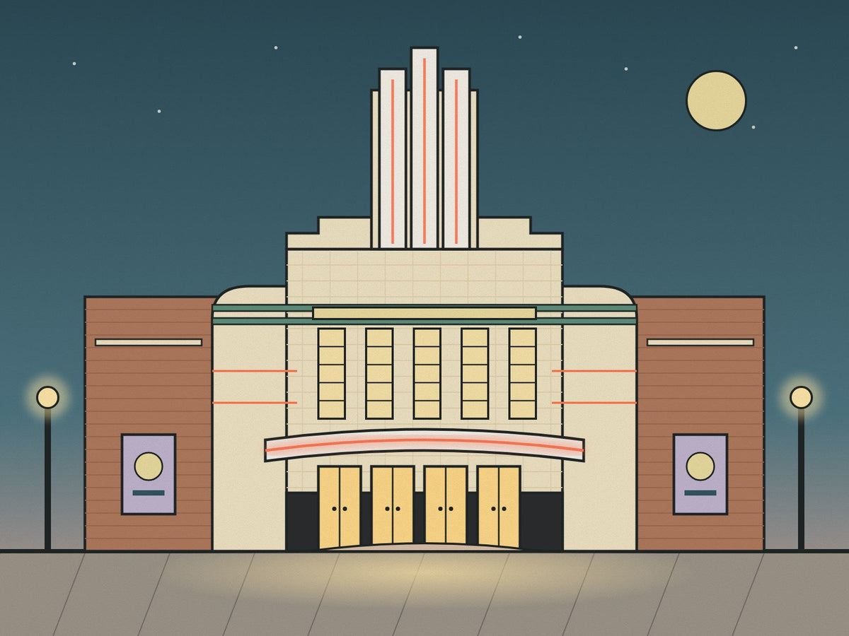 Flare illustration of a 1930s Odeon-style cinema at dusk with a cream faience front, a tower of three fins, curved wings and a neon-edged canopy