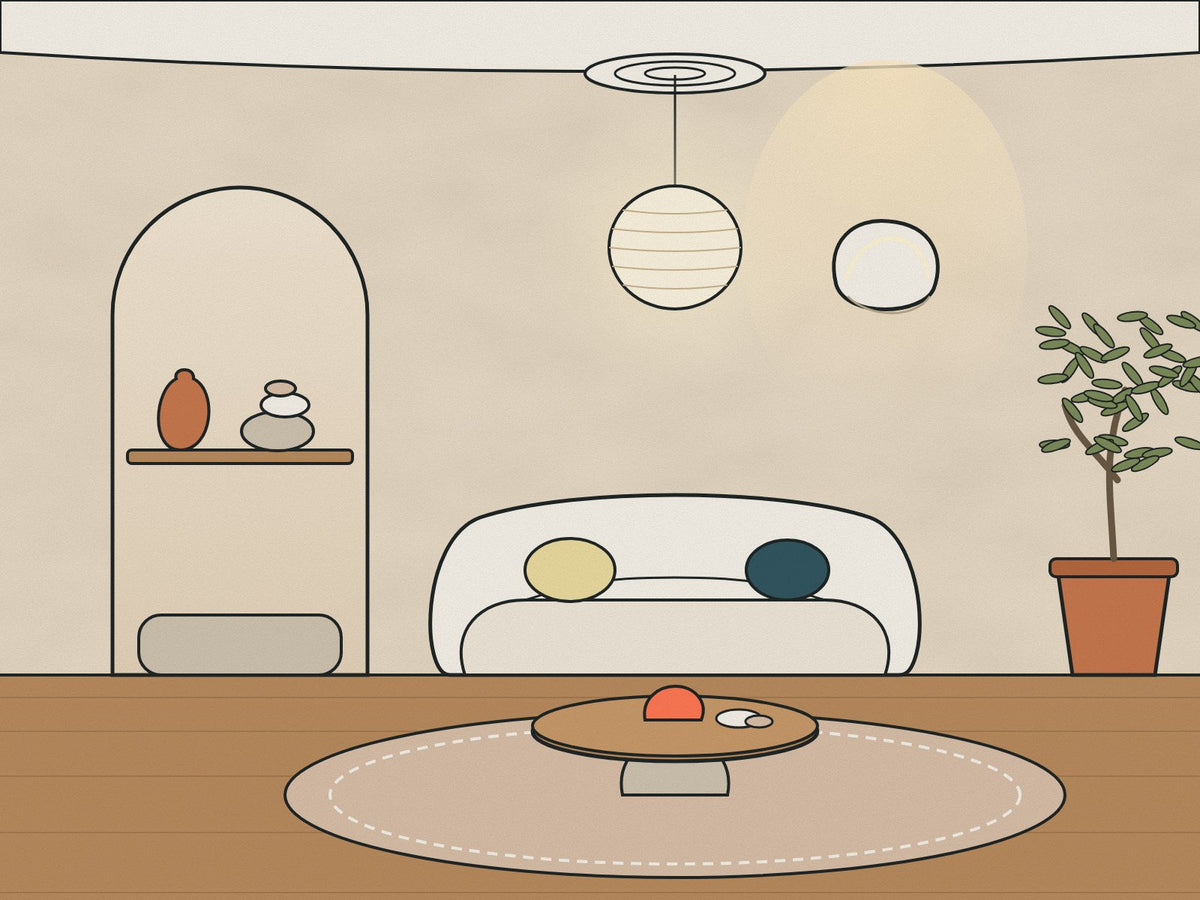Flare illustration of an organic modern living room with limewashed walls, an arched alcove, a curved sofa, a paper globe pendant, a ring ceiling rose and a round wall light