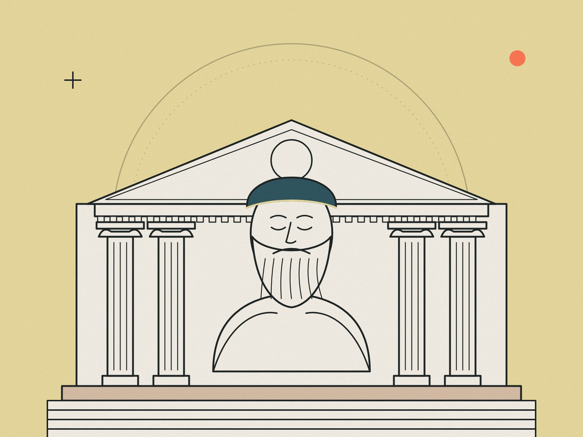 Flare illustration of a plaster bust of Andrea Palladio before a pedimented villa front