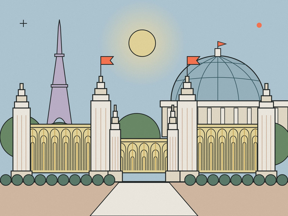 Flare illustration of the 1925 Paris exhibition gateway: stepped white pylons and gilded grilles, with the Grand Palais dome and the Eiffel Tower behind